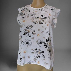 Priority Womens Longline Blouse T-Shirt Small White Black Floral  Round Neck